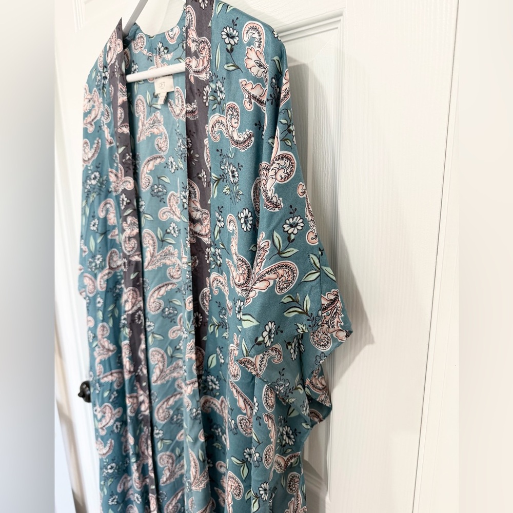 Ann Taylor LOFT Teal Paisley Lightweight Floral Open-Front Kimono - One Size - Picture 4 of 7